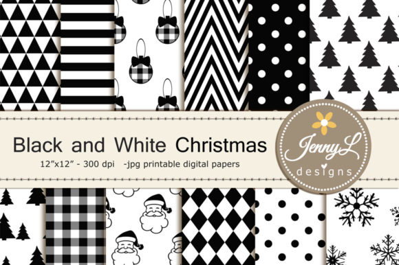 B W Christmas Digital Paper Clipart Patterns