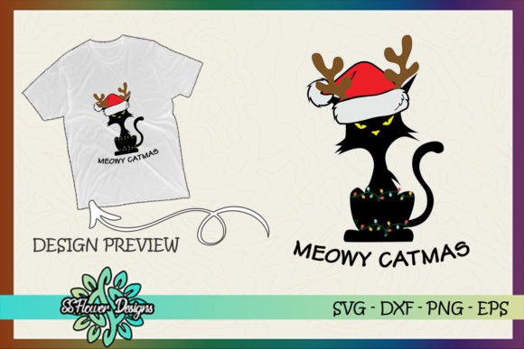 Funny Cat Reindeer Meowy Christmas Light T-Shirt Design